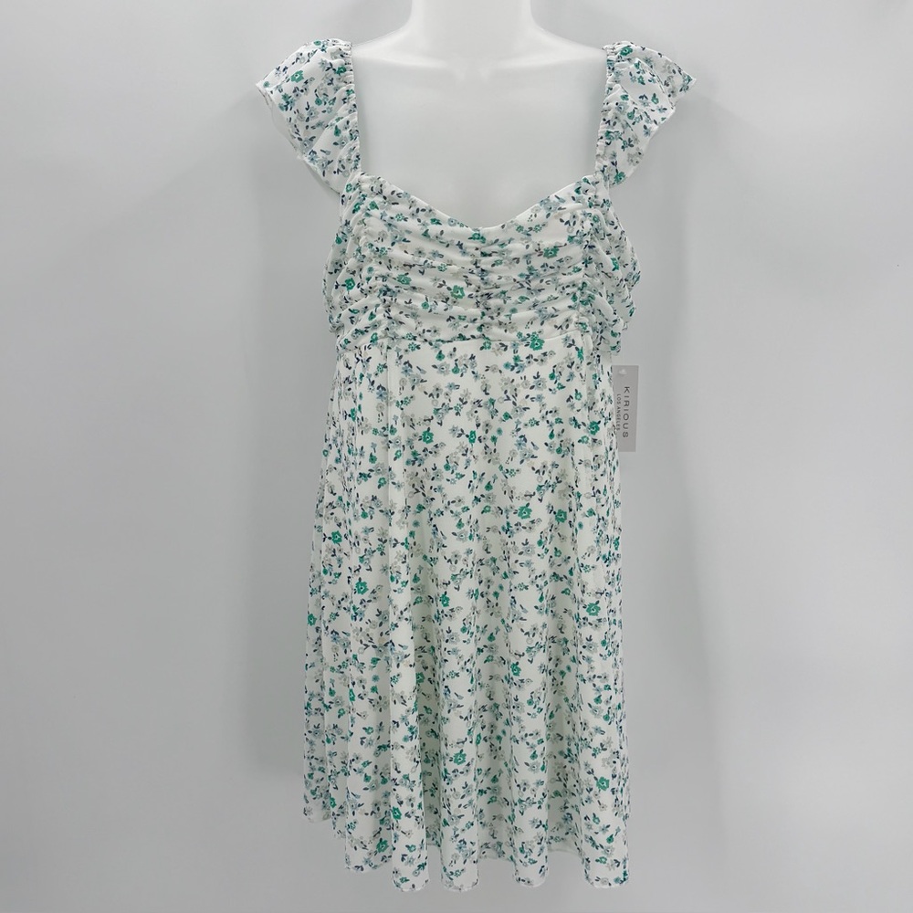 Kirious Dress Womens L White Blue Floral Babydoll Ruched Mini Fairy Milkmaid NEW